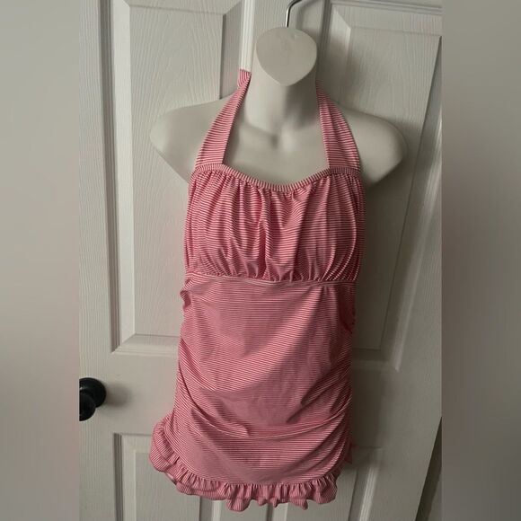 Women’s Pink / White Striped Runched Halter Swim Top Size Large - Picture 1 of 7